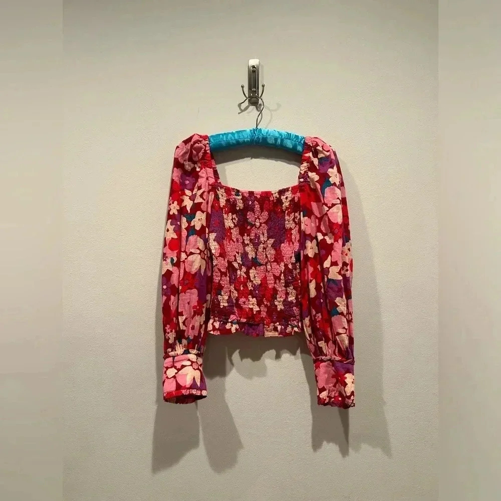 FREE PEOPLE Floral ARIANA SmockBodice PuffSleeve Top /Size XS / - Picture 2 of 12